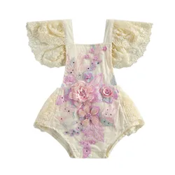 Newborn Baby Girl Crochet Flower Lace Bodysuit Summer Clothes 2023 Loose Fly Sleeve Backless Square Collar Tie-up Jumpsuit