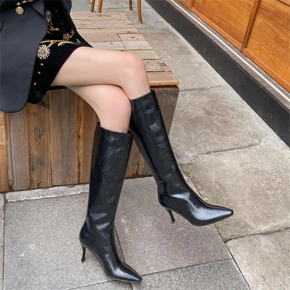 

Real Cow Leather Autumn Mid Calf Boots Women Pointed Toe Thin High Heels Mature Long Ladies Boots Elegant Concise Party Shoes