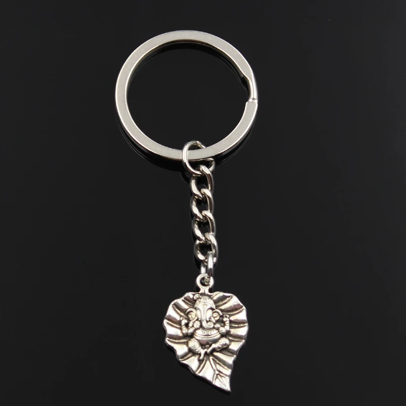 Fashion Keychain 25x18mm Leaf Ganesha Buddha Elephant Silver Color Pendants DIY Men Jewelry Car Key Chain Ring Holder For Gift