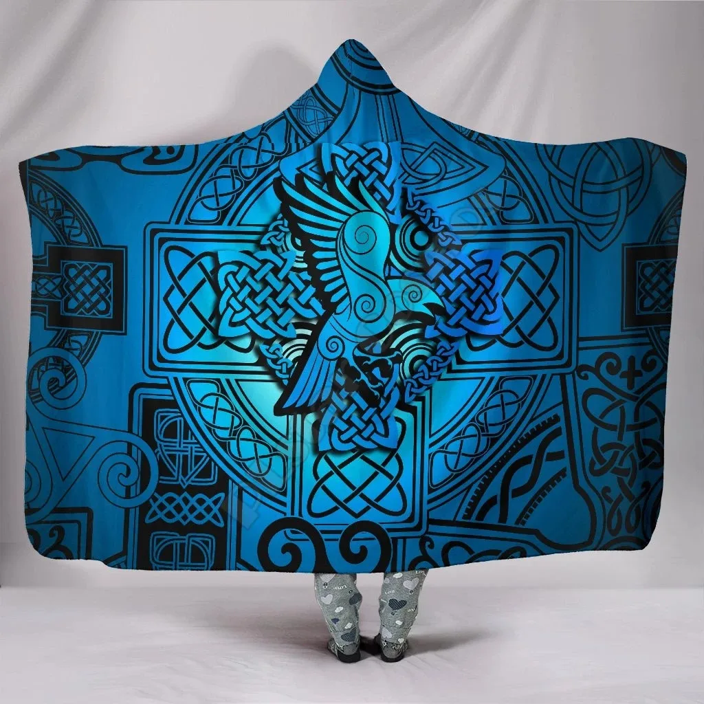 

Viking Style Hooded Blanket - Raven Odin Celtic Cyan 3D Printed Wearable Blanket Adults For Kids Hooded Blanket Fleece blanket