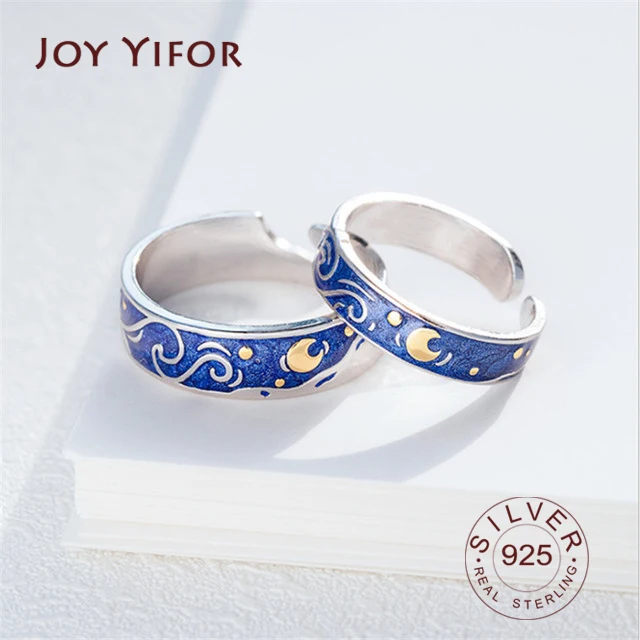Prevent Allergy Moon Starry Night Van Gogh Couple Rings Art Jewelry Real Pair Rings For Women Man Lovers Best Gift - Image 2