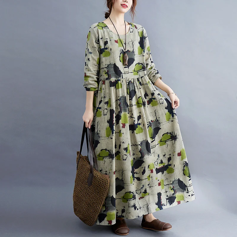 Robe imprimée florale à manches longues pour femmes, col rond, ligne a, Vintage, décontractée, nouvelle collection automne 2021, L38