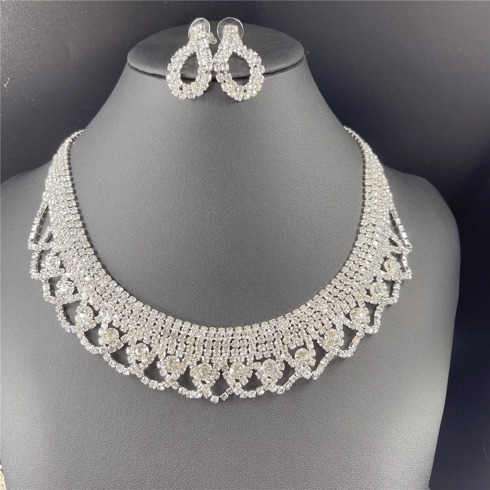 Dropship Fashion Bridal Wedding Jewelry Set Crystal Round Necklace Earrings Set Bling Rhinestone Necklace Accessories Wholesale