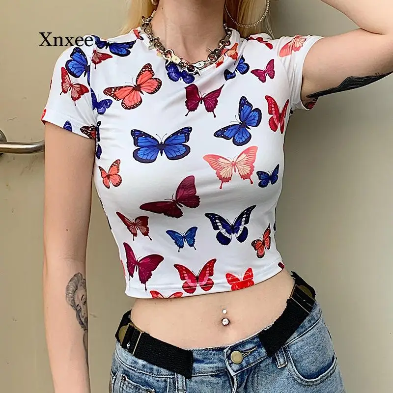 Women Summer Casual Short Sleeve Cropped Tops Butterfly Printed Wrapped Elastic Casual Party Ladies Round Neck t Shirts Clothes