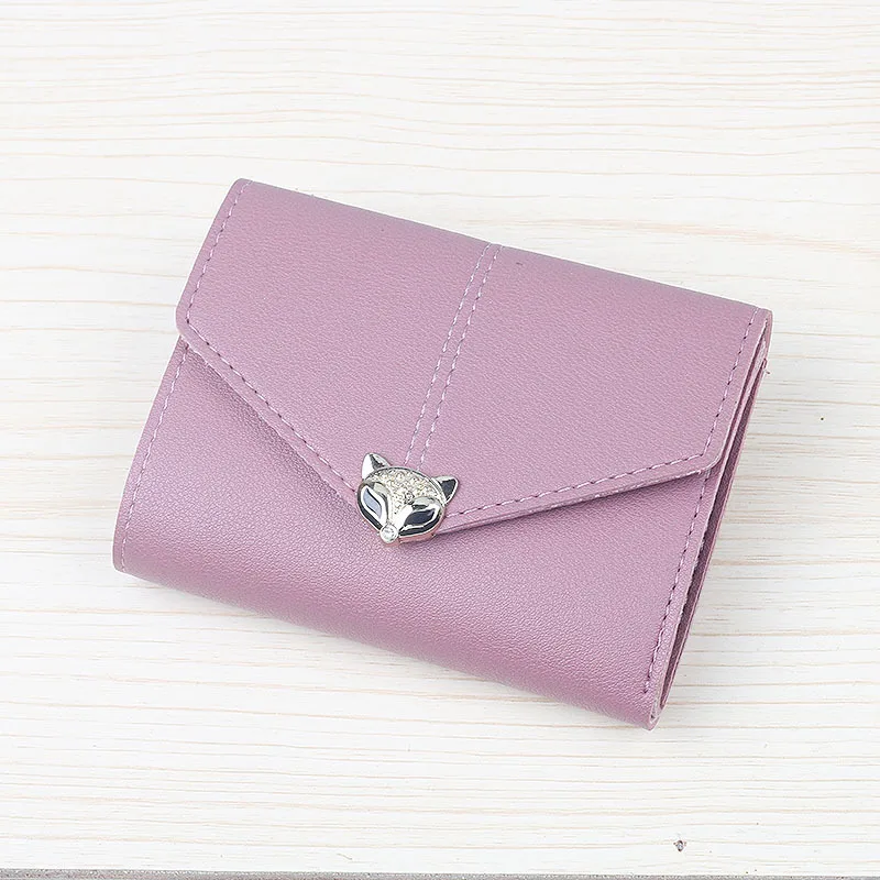 Fashion Short Little Fox Head Three-folding Female Wallet with Lychee Pattern Simple Fashion Buckle PU Wallet Card Holder