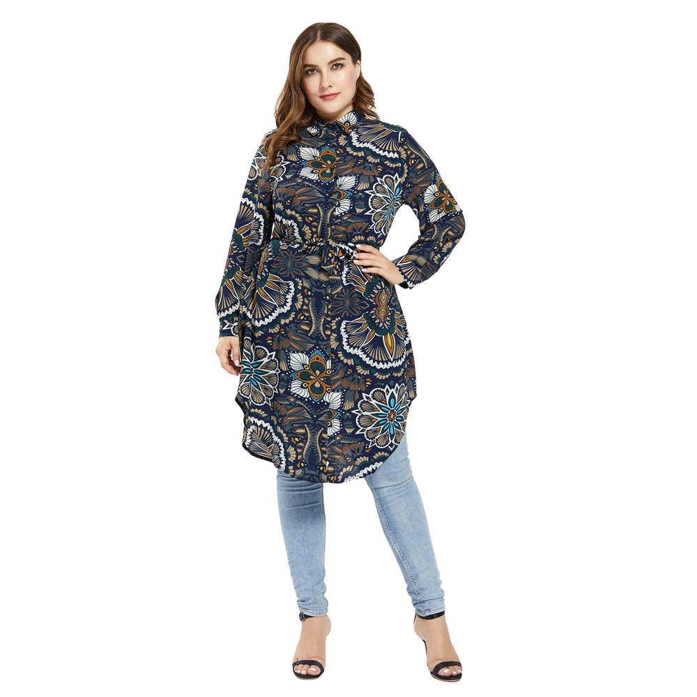 Ramadan Muslim Women Long Sleeve Printed Blouse Tops Long Shirt Abaya Turkey Arab Ladies Dubai Islamic Casual Clothing