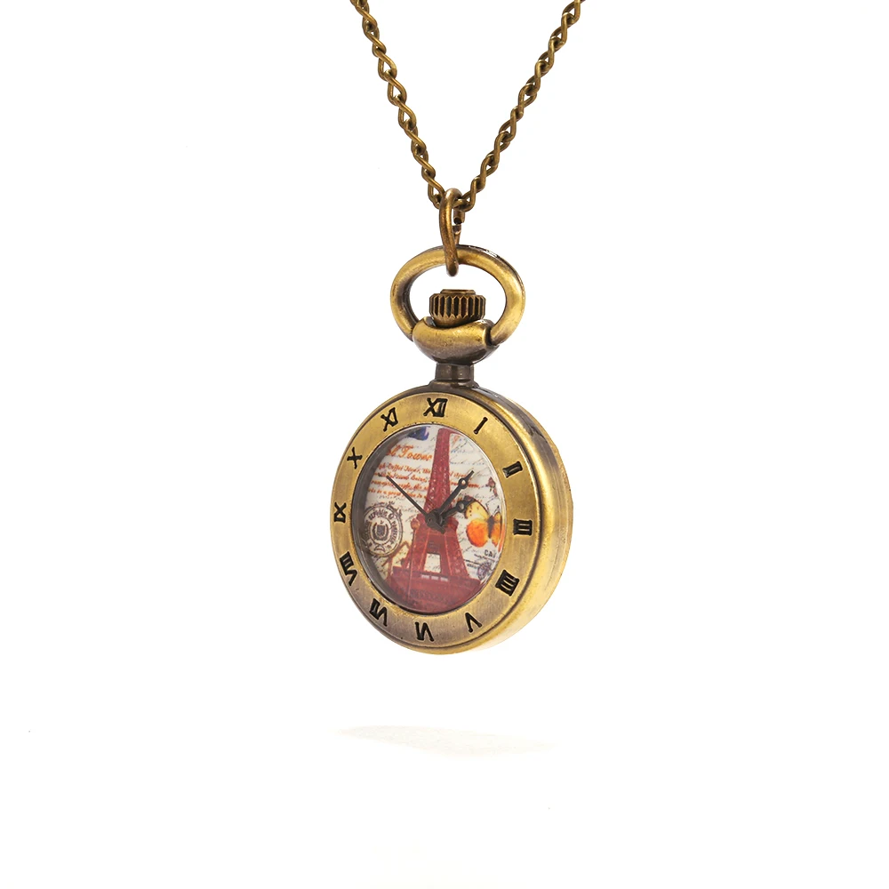 8894   Large bronze Paris Tower Roman scale pocket watch personality creative retro gift quartz pocket watch with necklace