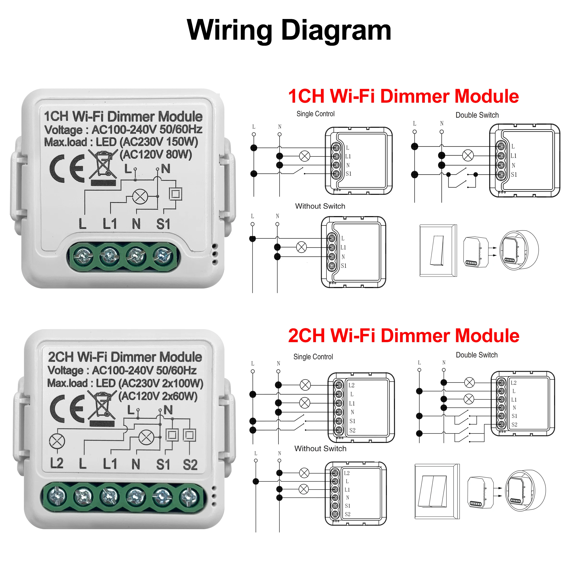 GIRIER Tuya Wifi Smart Dimmer Light Switch Module Support 2 Way Control Dimmable Switch 1 2 Gang Works with Alexa Google Home