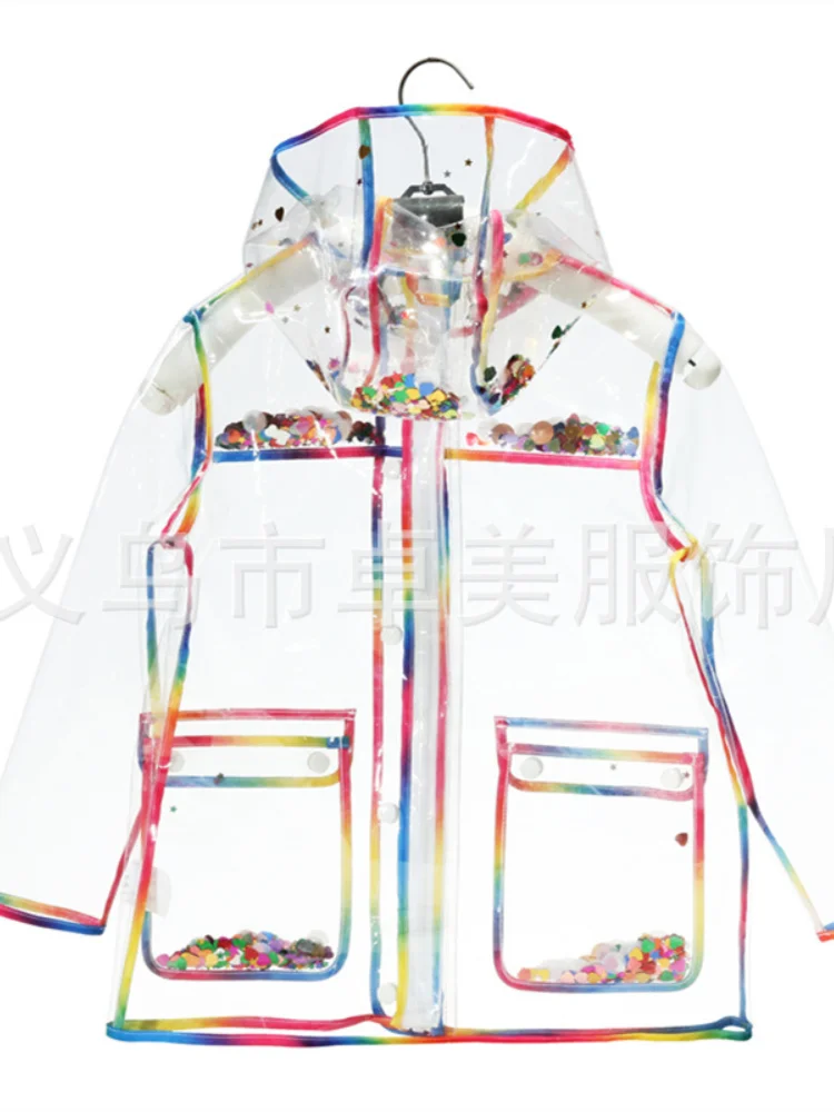 Transparent Rainbow Colorful Edge Kids Raincoat Waterproof TPU Children Windproof Rain Coat Jacket With Hood Boys Girls Poncho