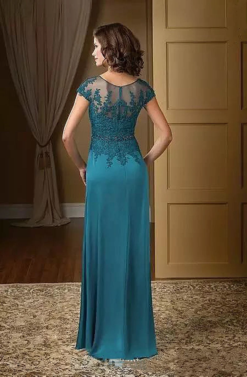 Elegant V Neck Mother of the Bride Dress Cap Sleeve Peacock Blue Chiffon Applique Wedding Party Guest Mother Gown Plus Size 2024