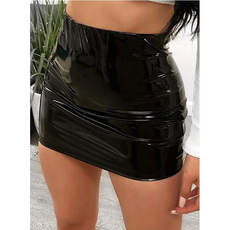 High Waist Faux Latex Wet Look Shiny PVC Package Hip Pencil Skirt Candy Color PU Leather Jupe Faldas Sexy Clubwear Mini Skirts