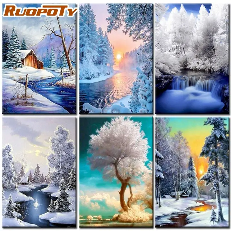 RUOPOTY Winter snow sceney Oil Painting By Number Kits Diy Framed On Canvas tree Landscape Picture By Number Craft