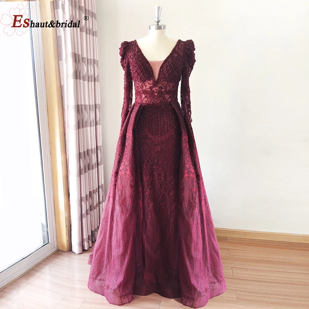 Elegant Dubai Full Lace Mermaid Evening Night Dresses 2023 Long Sleeves V Neck Crystal Handmade Formal Prom Wedding Party Gowns