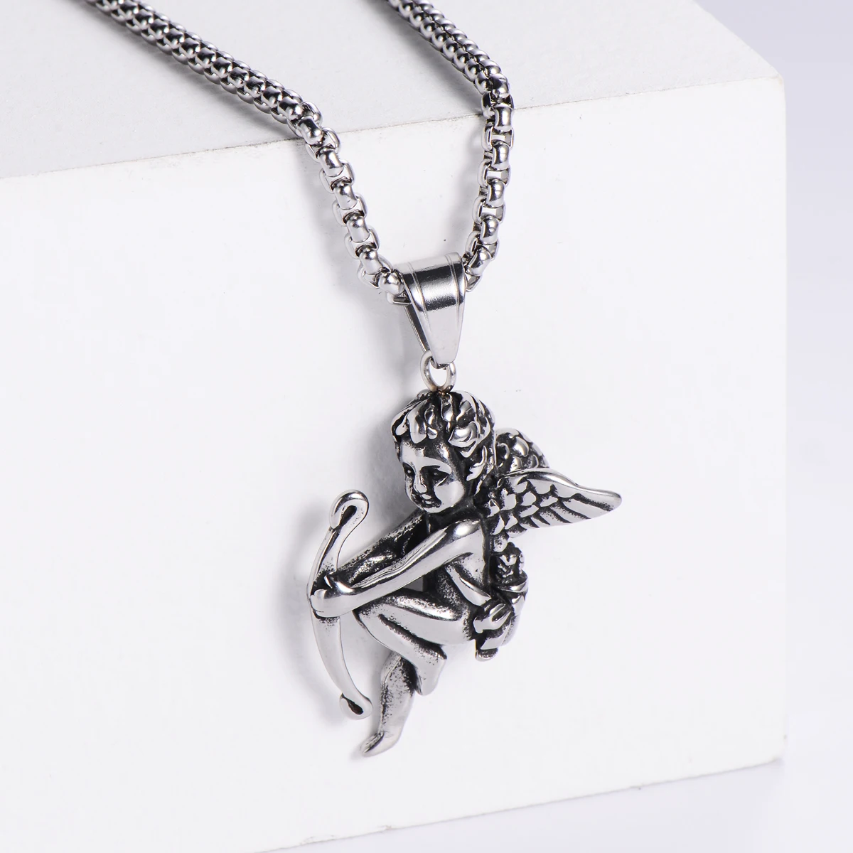 New Pattern Cherub Wings Stainless Steel Pendant Necklace Shoot Cupid Love God Gold Color Hip-hop Male Charm Collar Long Chain