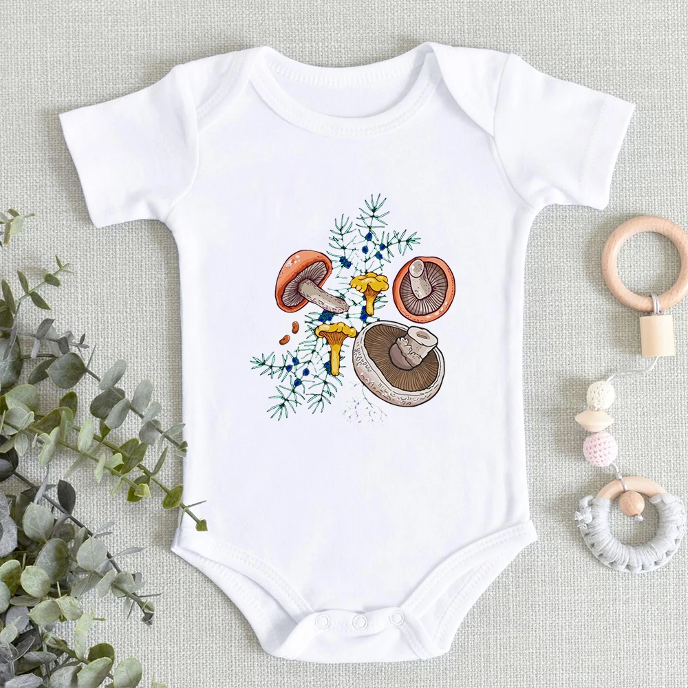 Cute Mushroom Cartoon Baby Clothes Fashion Summer Newborn Boys Girls Bodysuit Summer Casual Twin Babies Clothing Basic White Top