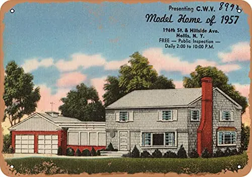 Metal Sign - New York Postcard - Presenting C.W.V. Model Home of 1957. 196th St. & Hillside Ave, Holli - Vintage Rusty Look