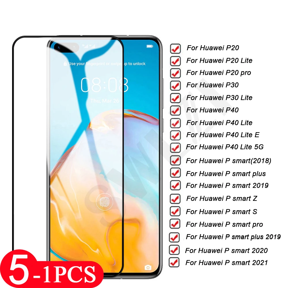 5Pcs tempered glass for Huawei P40 lite E P30 P20 pro P smart Z S 2021 2020 plus 2019 2018 screen protector protective film