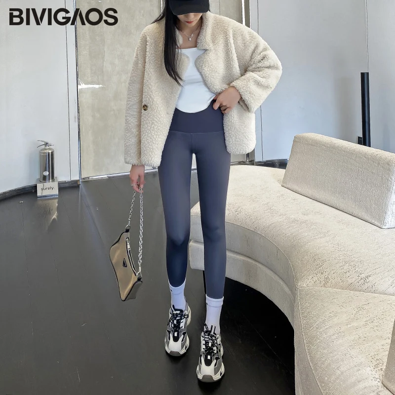 BIVIGAOS Autumn Winter High Waist Warm Shark Pants Women Velvet Thick Butt Lifter Sharkskin Leggings Black Camel Fleece Leggings