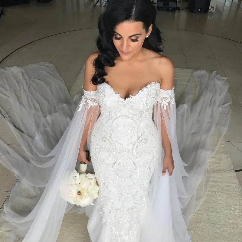 Off Shoulder Mermaid Arabisch Wedding Dress 2021 Met Sjaal Robe De Mariage Applique Kant Kralen Parels Plus Size Bruidsjurk