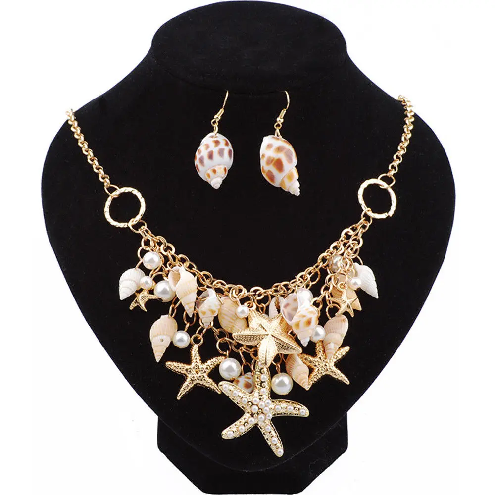 Starfish Sea Snail Earrings Necklace Bracelet Suit Pearl Shell Double Sautoir Charm Conch Seashell Drop Earring Jewelry Sets