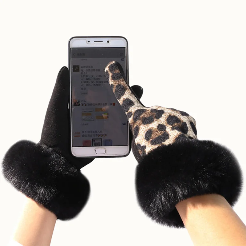 

Female Touch Screen Leopard Pattern Ski Gloves Winter Women Warm Cashmere Full Finger Imitation Rabbit Fur Cuffs Gloves D69