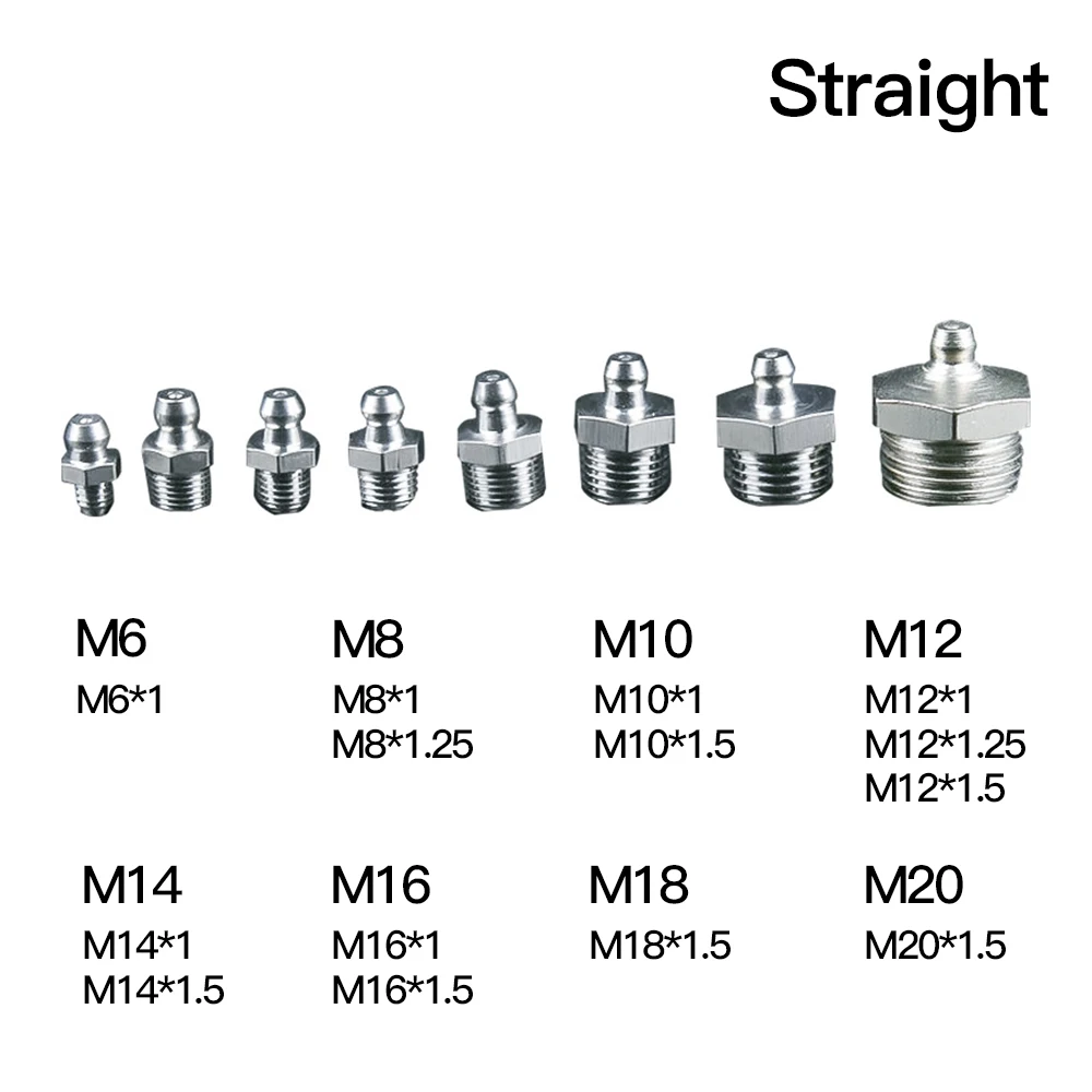 304 stainless steel  M6 M8 M10 M12 M14 M16 M18 M20 Male Thread Steel Straight Oil Grease Nipples Fittings for Grease Gun Nozzles