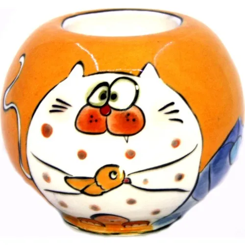 Authentic Tile Oburix Fat Cat Porcelain Circle Candle holder