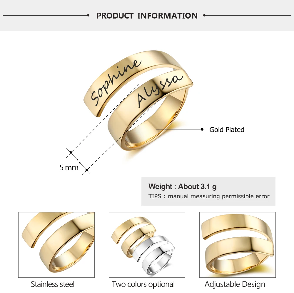 Mothers Personalized Engraved Ring Stainless Steel Adjustable Open Bands Jewelry Custom 2 Names Promise Wrap Ring Gift for Women