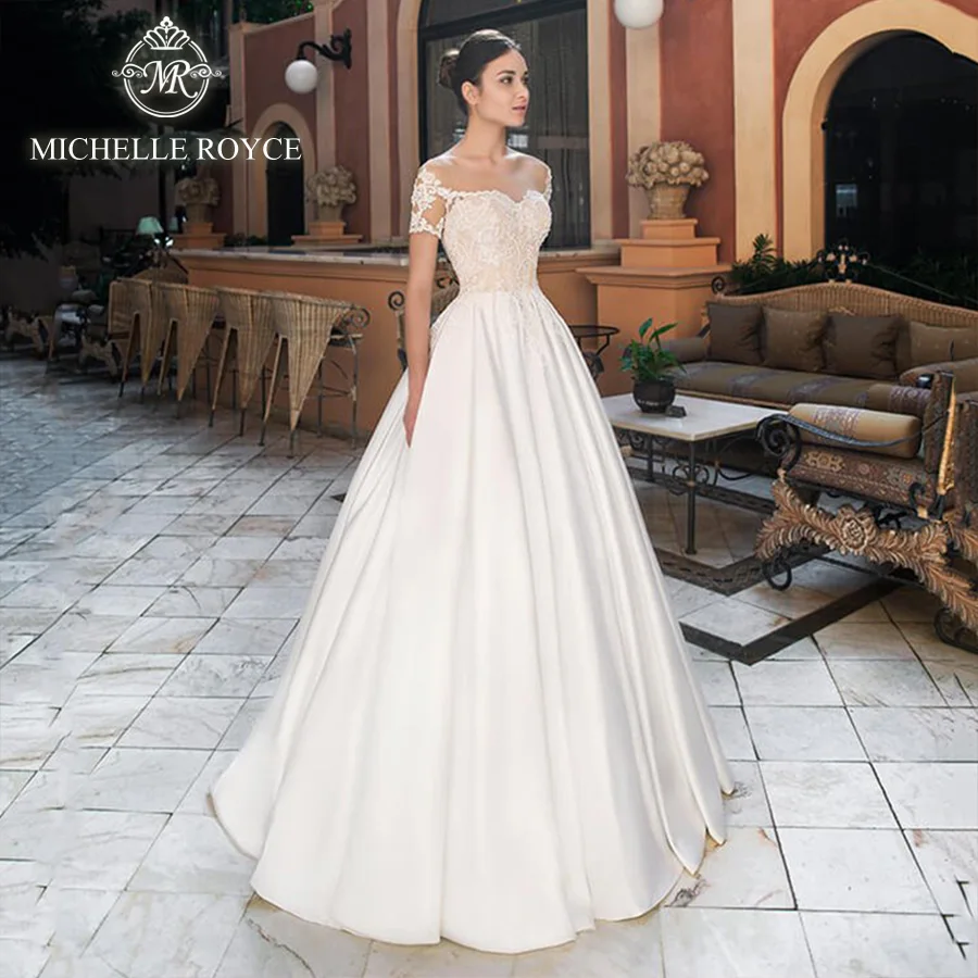 Michelle Royce A-Line Wedding Dresses For Women Sexy Sweetheart Appliques Short Sleeve Court Train Wedding Gown Vestido De Novia