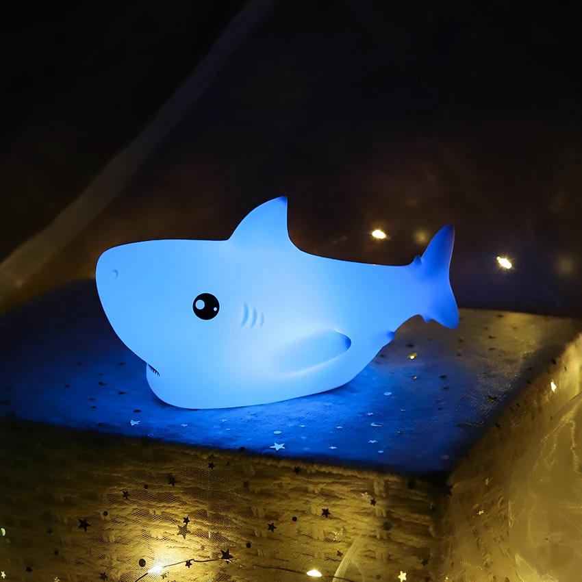 LED Children Night Light Shark Lamp 7 Color USB Rechargeable Silicone Bedroom Bedside Room Lamp for Kids Baby Girl Gift