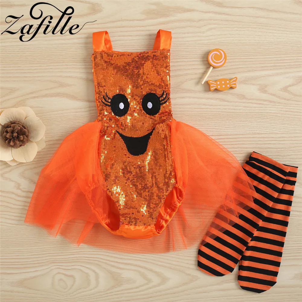 ZAFILLE My First Halloween Baby Girls Costume Pumpkin Smile Cosplay Kids Halloween Bodysuit For Girls 0-24M Girl Skirted Rompers