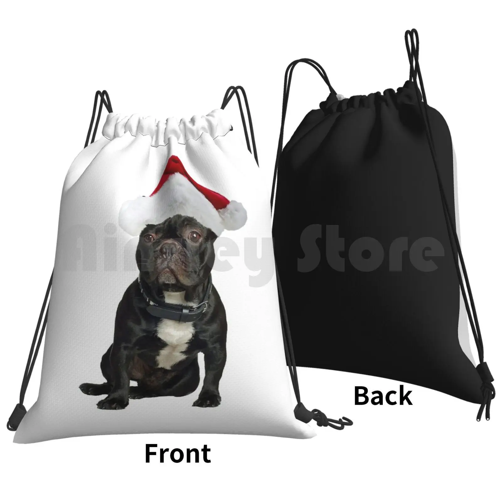 French Bulldog Santa Claus Merry Christmas Backpack Drawstring Bag Riding Climbing Gym Bag  Black White French Bulldog Dog