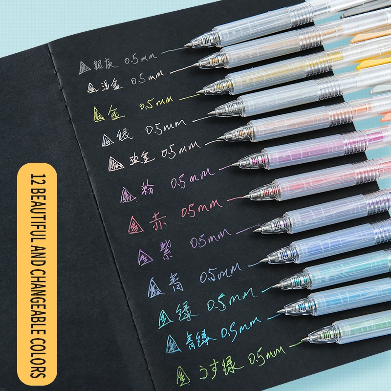 Caneta escolar de gel 12 tamanhos, canetas coloridas de tinta de 0.5mm, conjunto de canetas papelaria para estudantes e desenho e escrita