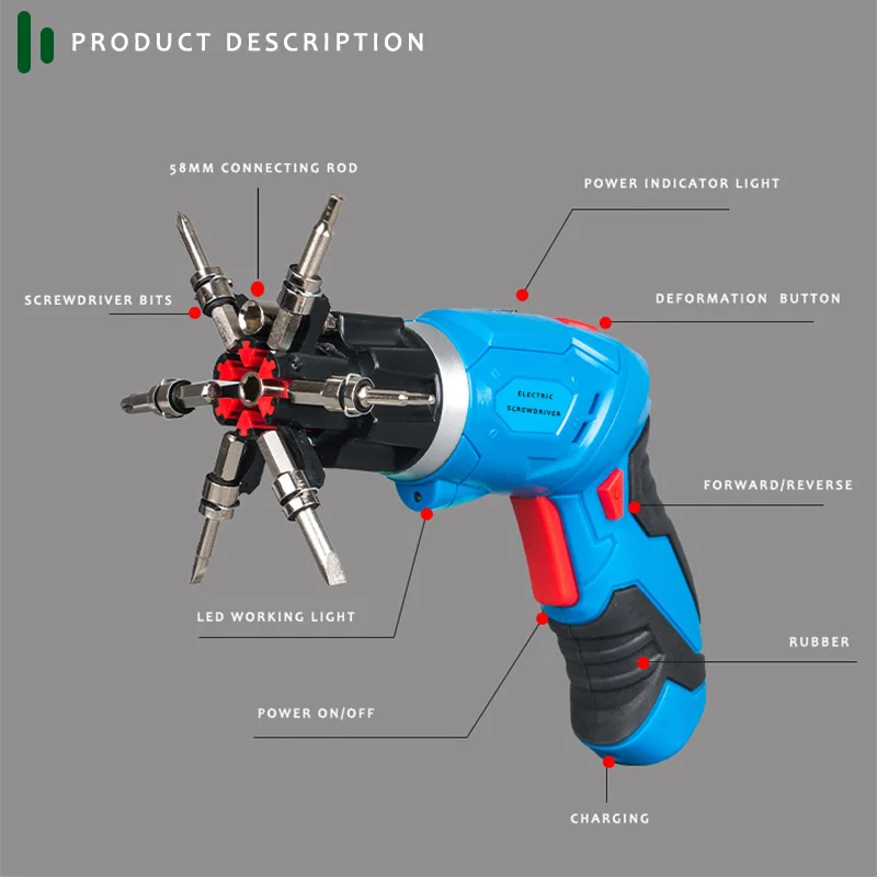 4V Cordless Electric Screwdriver 1300mah Lithium Battery Rechargeable Multi-function Mini Drill Power Tools LED WIth 45PCS Bits