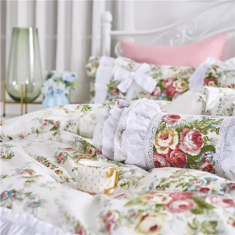 Princess lace Korean ruffles pastoral floral skirt bedding set pure cotton ropa de cama cake layers pillow sham duvet cover set