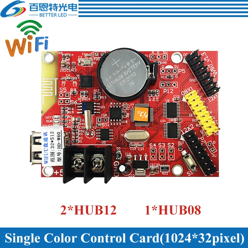 

HD-W60 USB+Wifi 2*HUB12 & 2*HUB08 Single color(1024*32 pixels) & Dual color(512*32 pixels) LED display control card