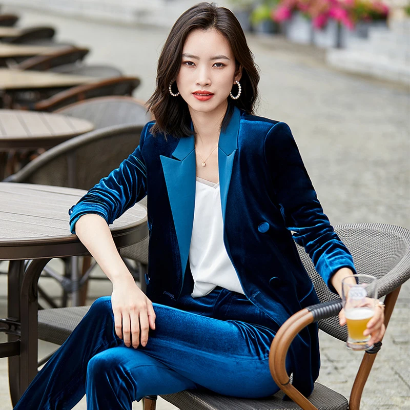 High Quality Velvet Formal Uniform Designs Pantsuits Elegant Wine for Women Business Work Wear Long Sleeve Autumn Winter Blazers