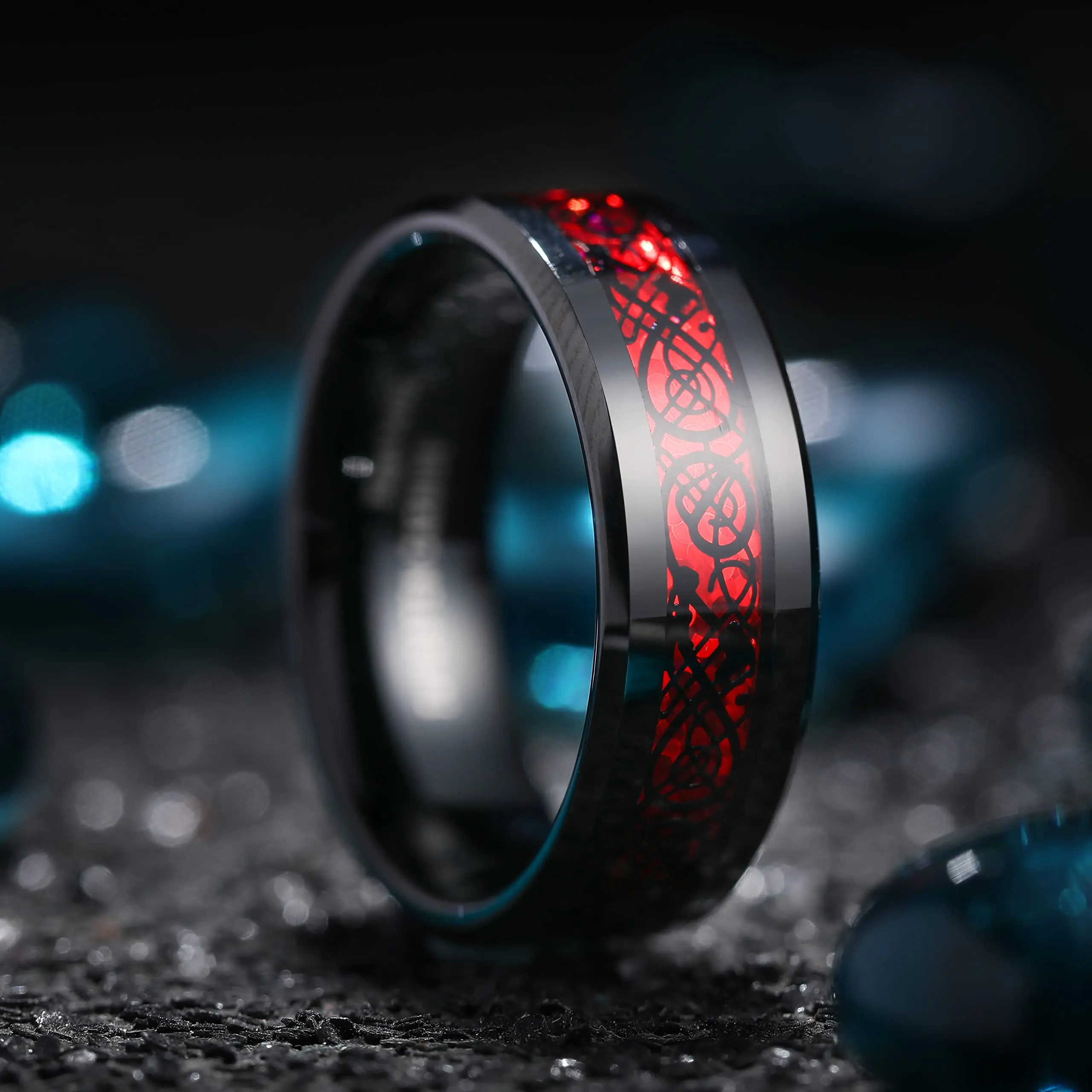 Fashion 8mm Black Tungsten Wedding Celtic Dragon Ring For Men Fashion Men Stainless Steel Red Carbon Fiber Ring Men Wedding Band