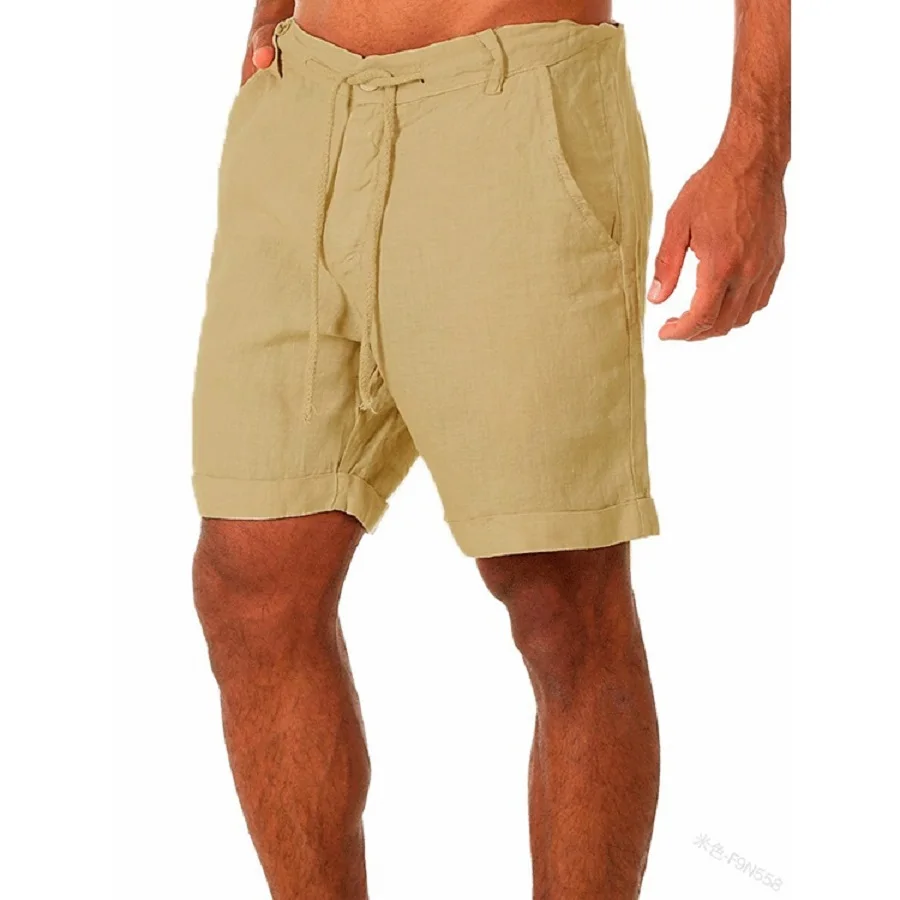 Short fin en coton et lin pour homme, pantalon court, respirant, avec boutons, laçage, poches à la taille, pour plage