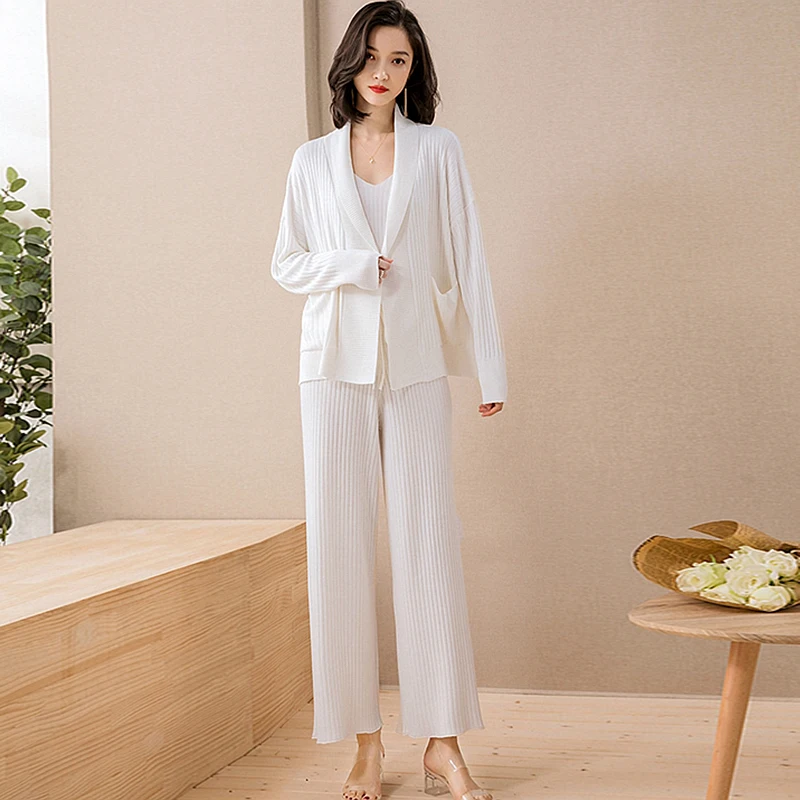 

Blend Suit Women Cardigan Long Sleeves Pocket Knitwear High Waist Casual Coat Wide Leg Pants Suits For Women New Fashion