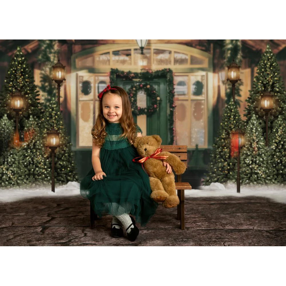 우드 하우스 크리스마스 어린이 사진 배경, 크리스마스 트리 눈 장면 장식 녹색 문 가로등 배경 포토스튜디오