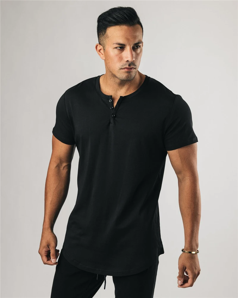 Plain Fashion clothing fitness t shirt men extend long tshirt summer gym short sleeve t-shirt cotton bodybuilding Slim tops tee