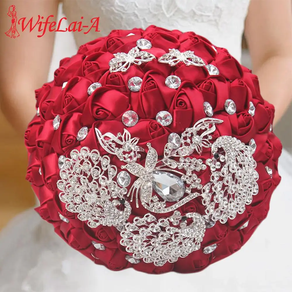 21cm indah Burgundy mutiara kristal bunga buatan pernikahan buket mawar memegang bunga pengantin buket W290