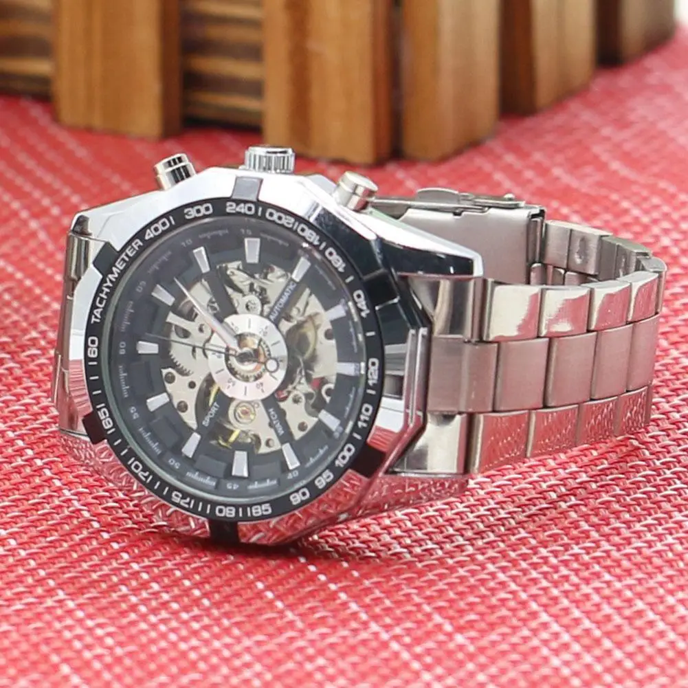 HOT SALES！！！Men's Hollow Skeleton Dial Automatic Mechanical Stainless Steel Band Wrist Watch