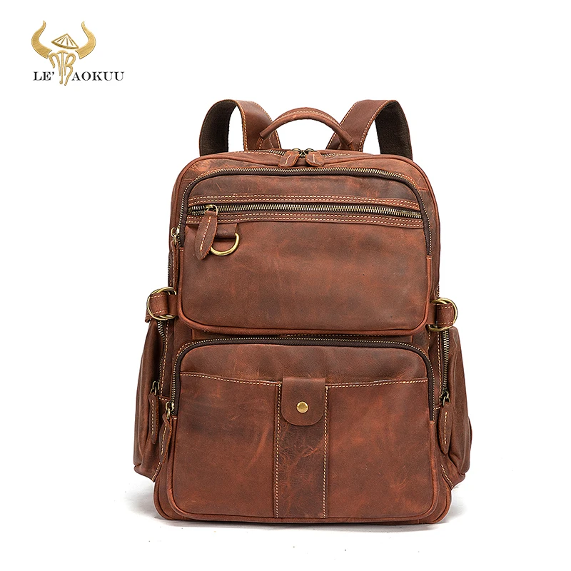 Men Crazy Horse Leather Retro Large Travel University College School Bag Designer Male Backpack Daypack Student Laptop Bag 2086