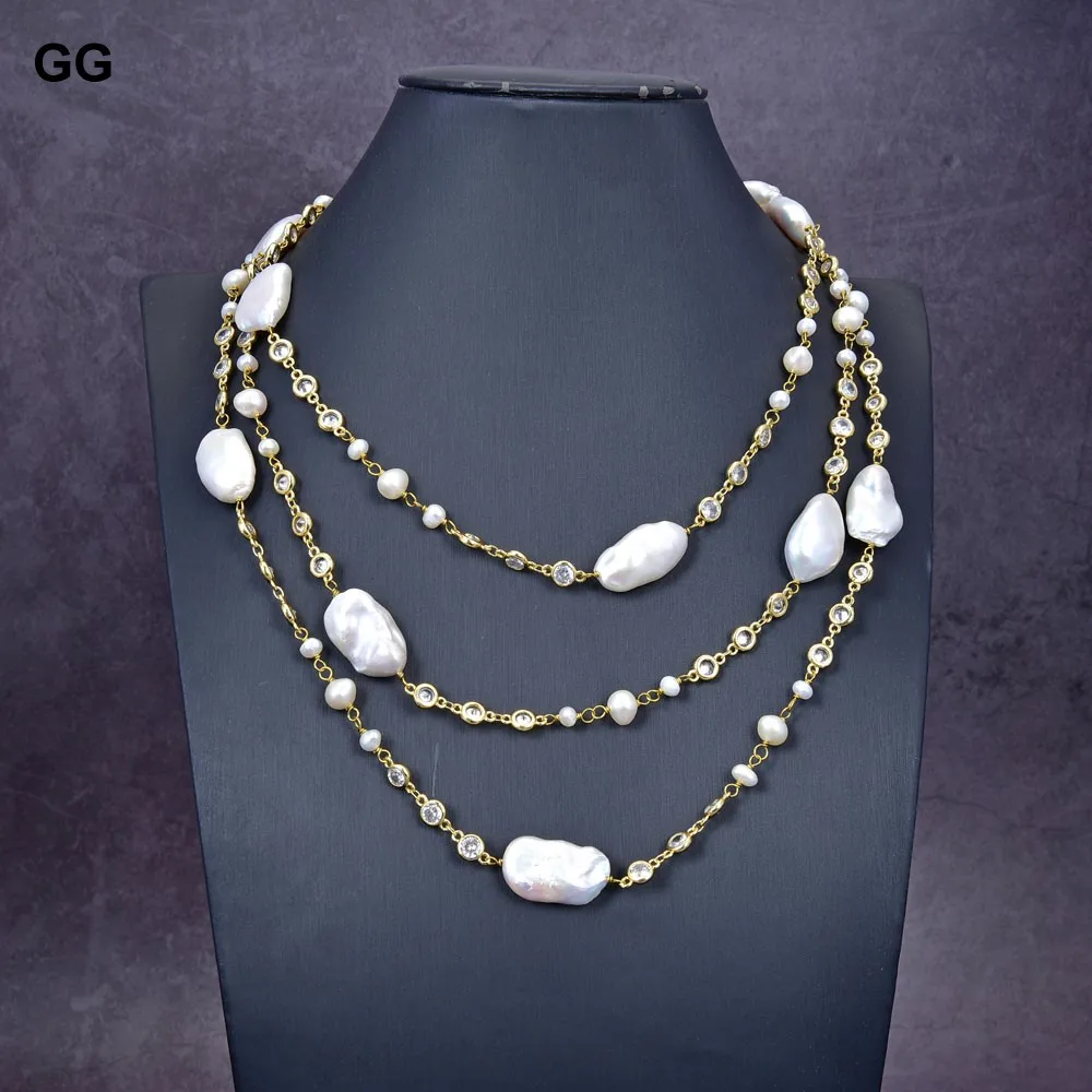 GuaiGuai Jewelry 65\'\' Natural White Keshi Pearl Crystal Gold Color Plated CZ Chain Long Necklace For Women