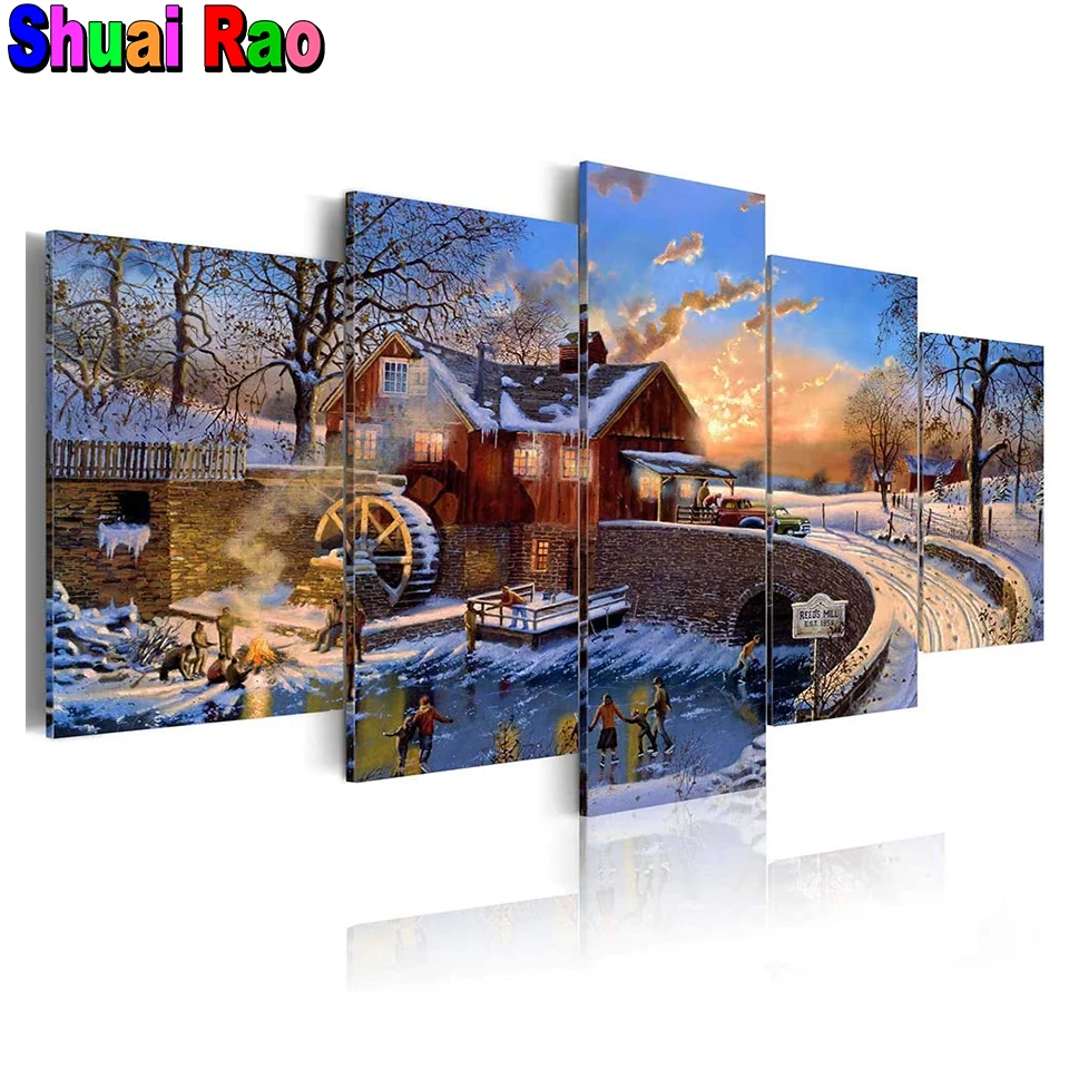 

5 Pcs/set Diamond Embroidery"Snow House"Full Square Round Drill Picture of rhinestone DIY 5D Diamond painting cross stitch