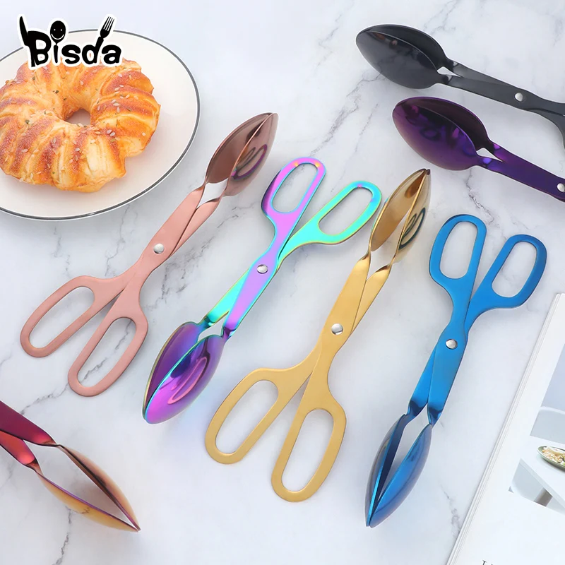 1/2PCS Food Serving Tongs Stainless Steel Bread Clip Scissor Shape Meat Salad Food Clip Gold Kitchen Utensils Serving Tools