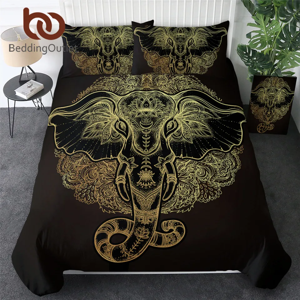 

BeddingOutlet Tribal Elephant Bedding Set Boho Mandala Golden Design Ethnic God Duvet Cover Symbol Bed Set