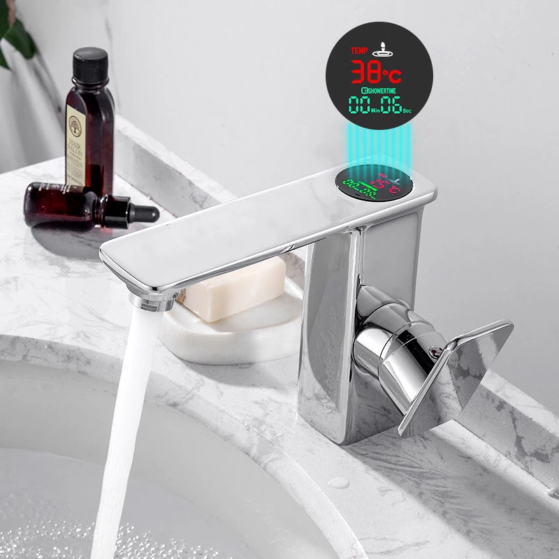 

High Quality Intelligent LED Digital Display Bathroom Basin Taps For Hotel Chrome Brass Cold And Hot Water Mixer Tap